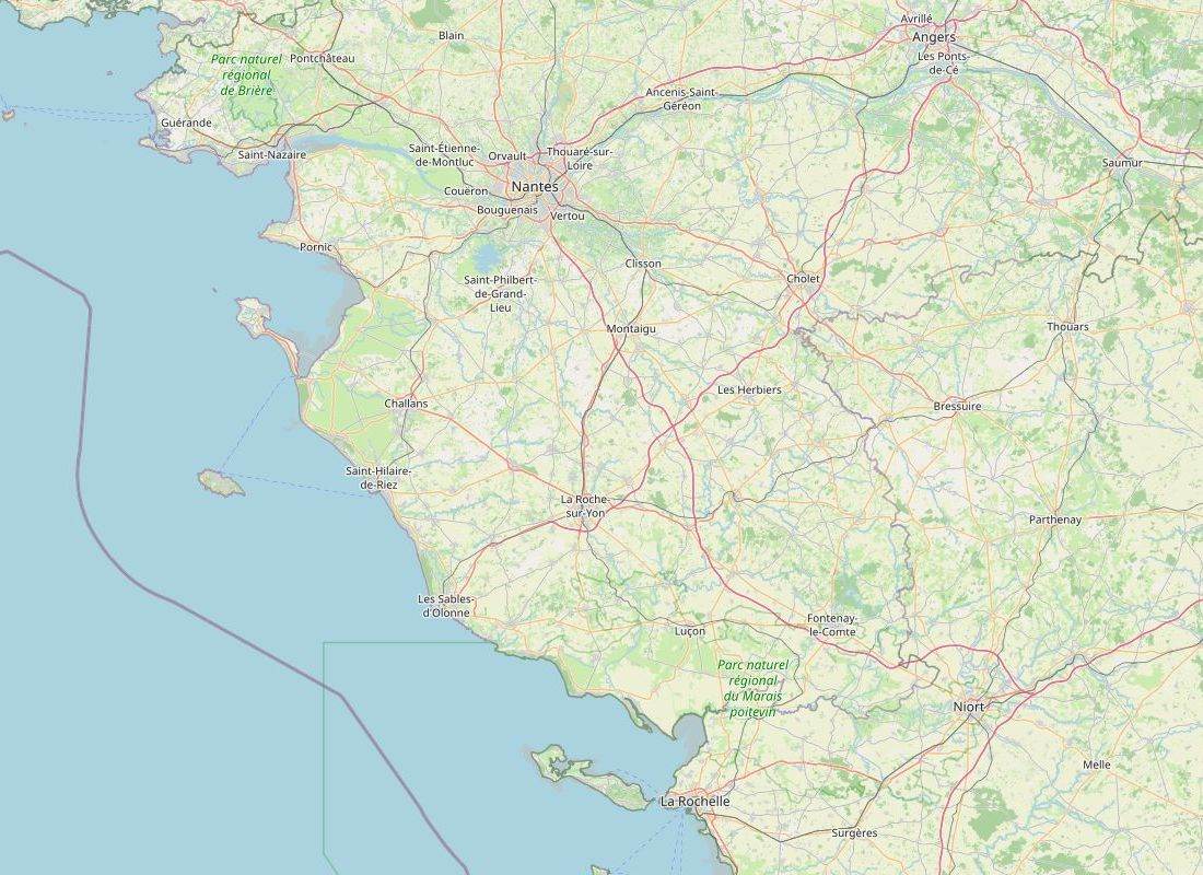 Carte de la Loire-Atlantique et de la Vendée situant les deux agences STRUKTURA : La Chevrolière, au sud de Nantes, et Les Sables-d'Olonne
